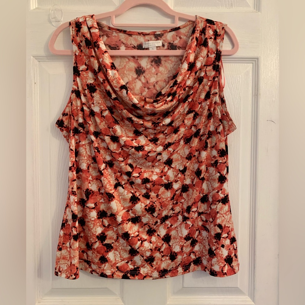 Charter Club Women’s Coral and Black Drape Neck sleeveless top. Size large $10
